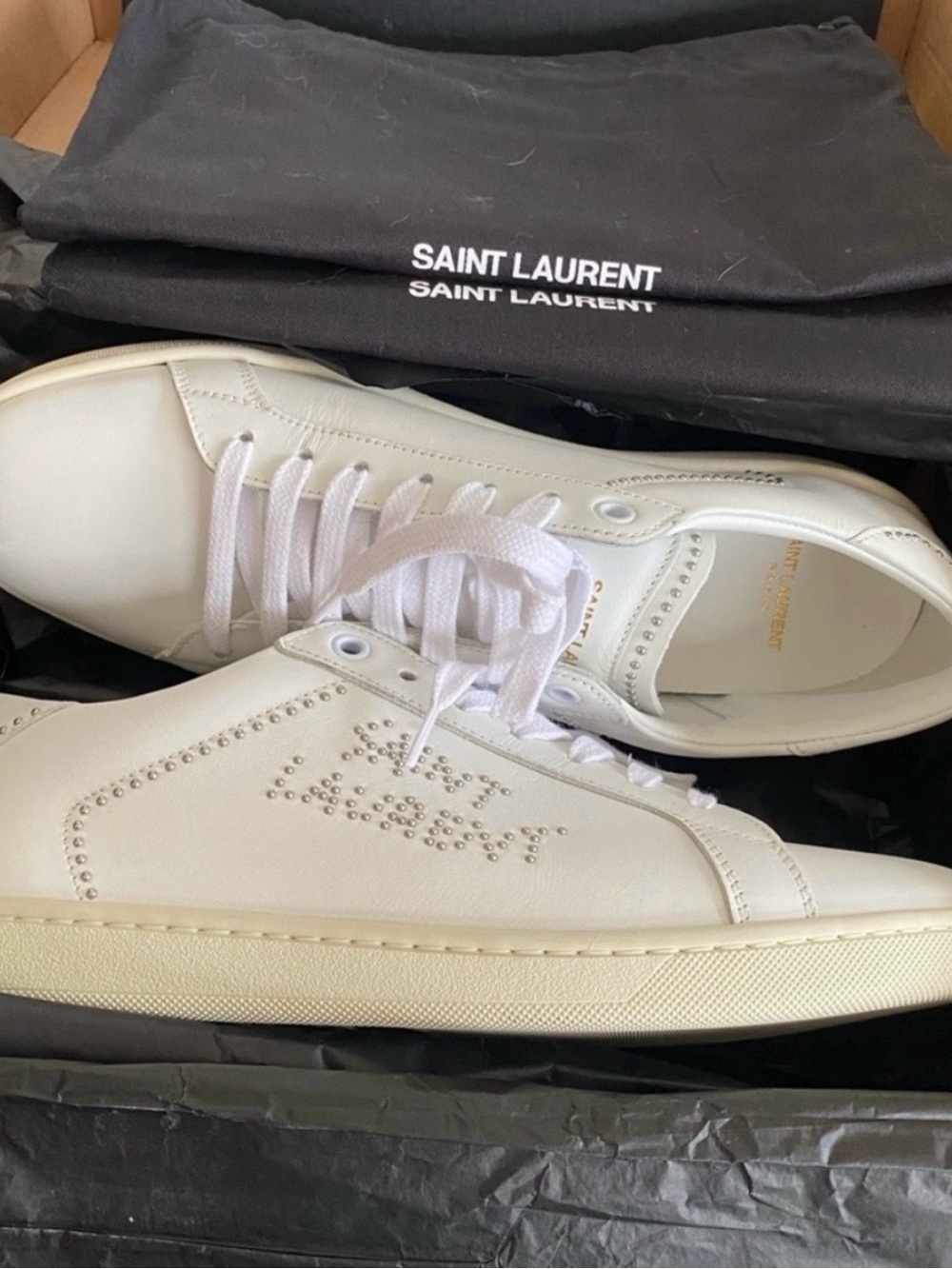 Saint Laurent White Leather Low-Top Sneakers with Stud Logo - Picture 13 of 15